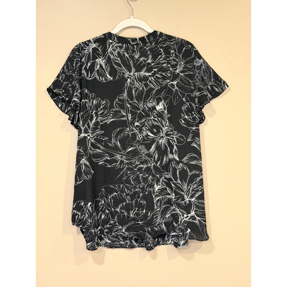 Rose + Olive Black Floral -Neck Blouse Plus 1X Short Sleeve Top Office Work - Picture 5 of 7